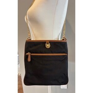Michael Kors Black Nylon Chain kempton Crossbody Bag Tan Trim Gold Logo